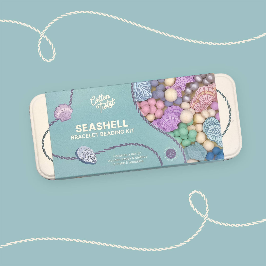 Seashell bracelet beading kit packaging on a light blue background