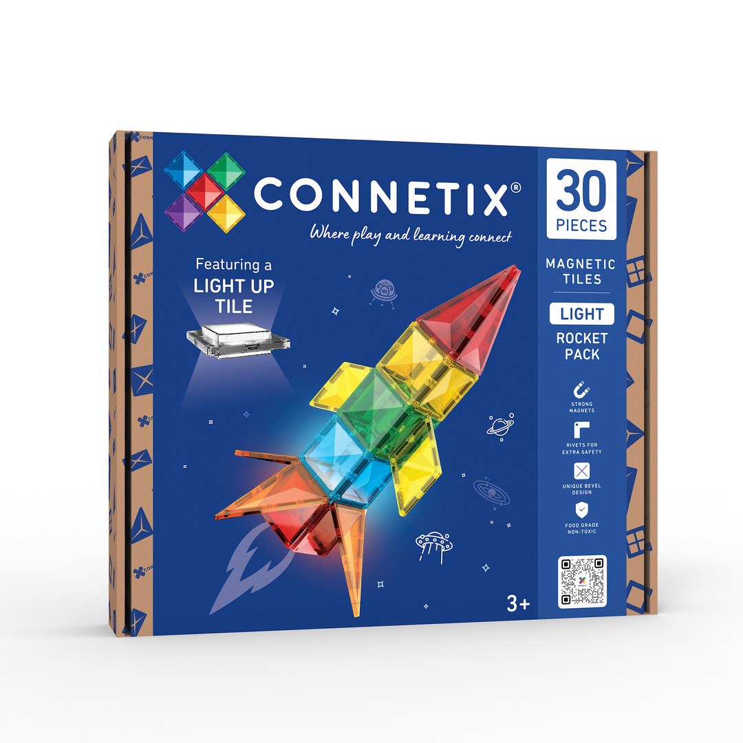 CONNETIX Light Rocket Pack 30 piece magnetic tiles box featuring a rechargeable light-up tile