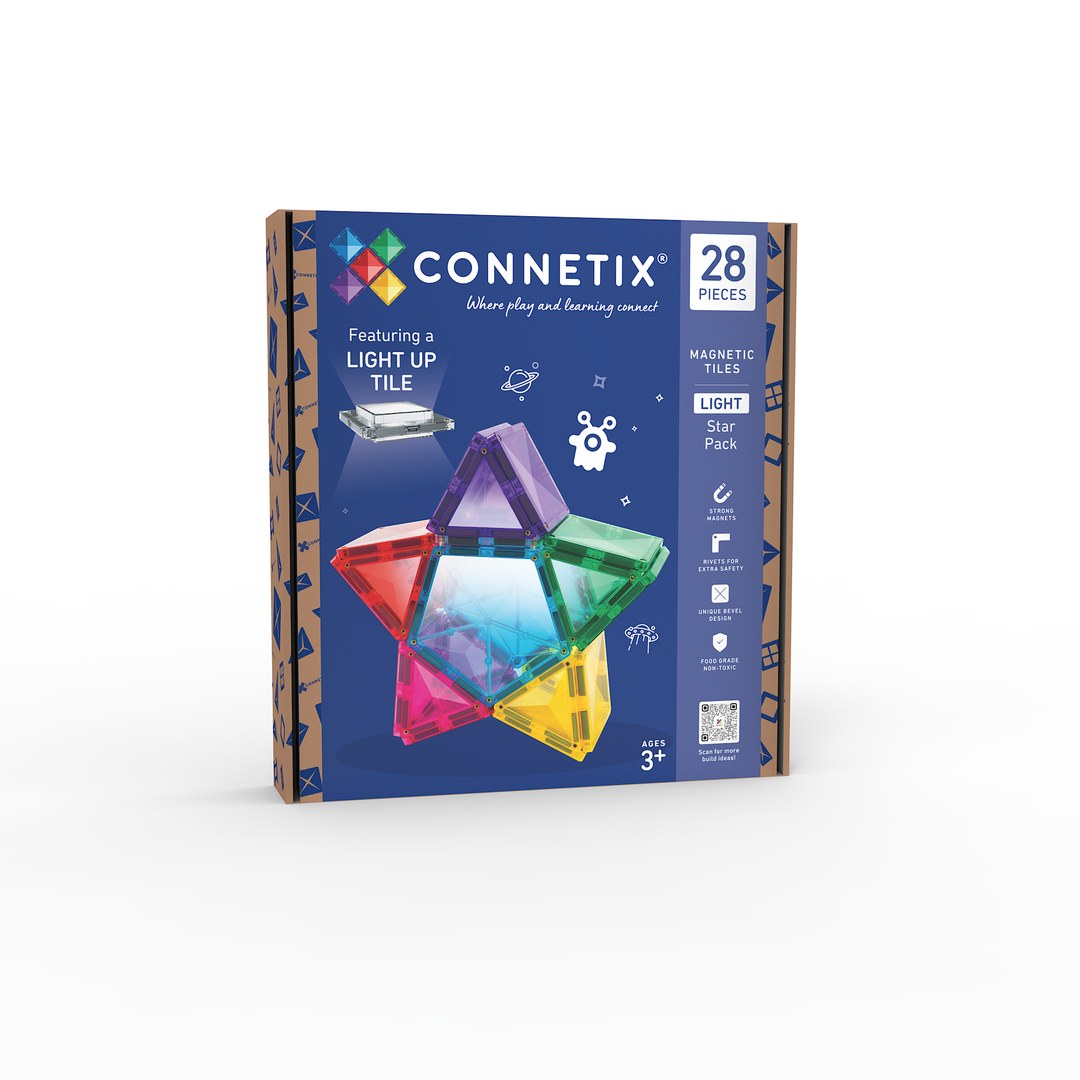 CONNETIX Light Star Pack 28 piece magnetic tiles box featuring a rechargeable light-up tile