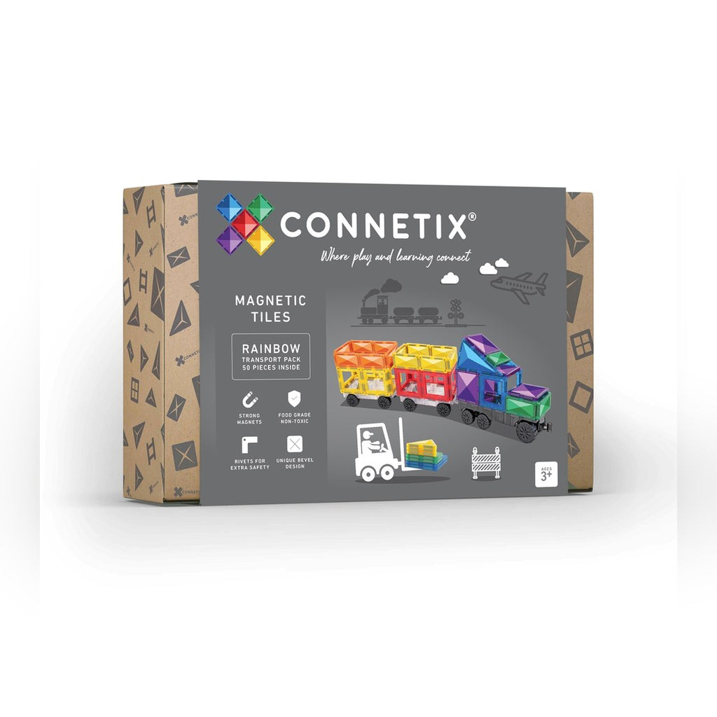 CONNETIX Rainbow Transport Pack 50 piece magnetic tiles box with three rubber-wheeled motion bases