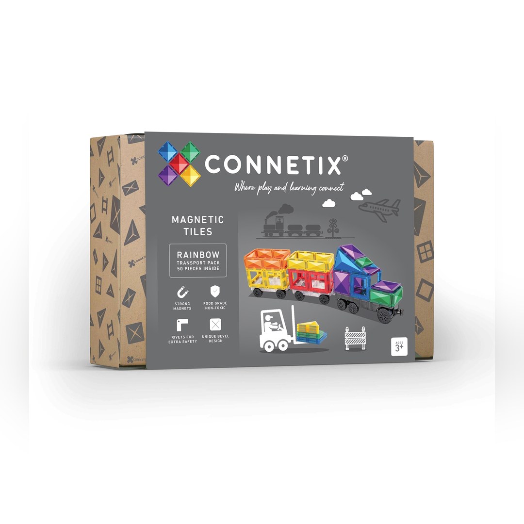 CONNETIX Rainbow Transport Pack 50 piece magnetic tiles box with three rubber-wheeled motion bases