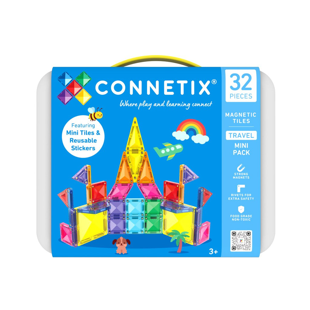 CONNETIX Travel Mini Pack 32 piece magnetic tiles in a carry tin with mini tiles and reusable stickers