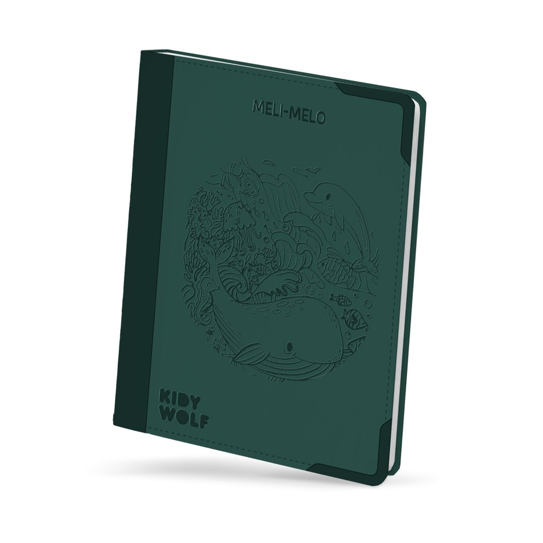 Kidywolf KIDYDRAW Pad Meli Melo closed, dark green hard cover with an embossed whale and sea-life illustration