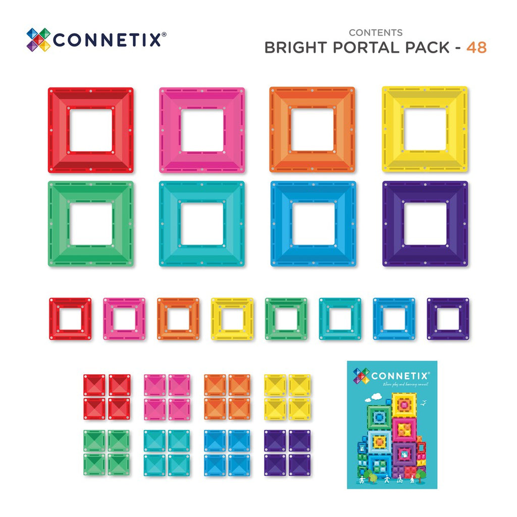 Contents of CONNETIX Bright Portal Pack: 8 large portal tiles, 8 standard portal tiles, 32 small squares and inspiration booklet