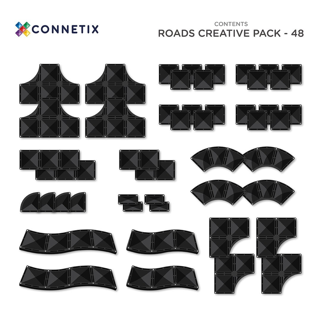 Contents of CONNETIX Creative Roads Pack: black ramps, curves, junctions, quarter circles, squares and rectangles