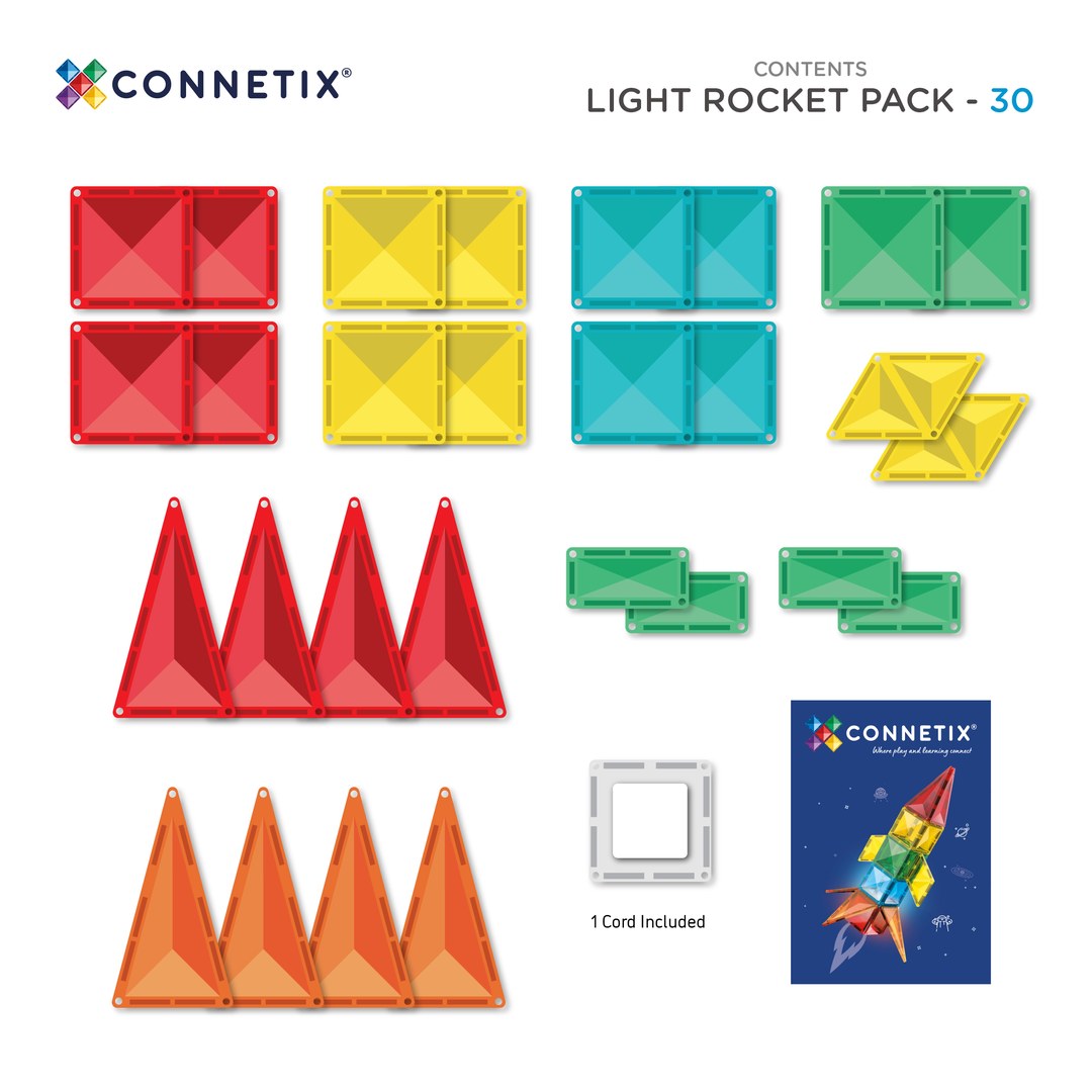 Contents of CONNETIX Light Rocket Pack: light-up tile, squares, rectangles, triangles, rhombuses, charging cord and inspiration booklet