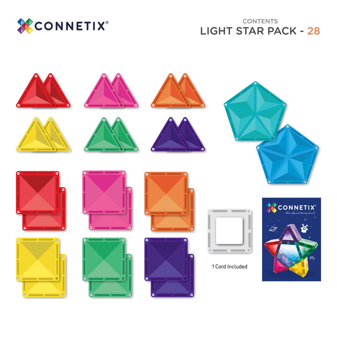 Contents of CONNETIX Light Star Pack: squares, triangles, pentagons, light-up tile, charging cord and inspiration booklet