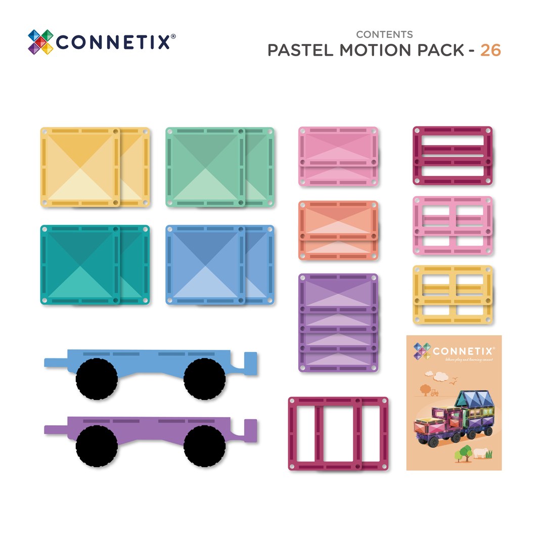 Contents of CONNETIX Pastel Motion Pack: pastel squares, rectangles, window and open tiles, two motion bases and inspiration booklet