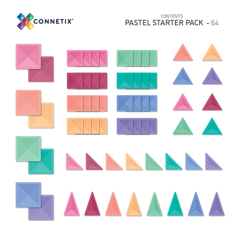 Contents of CONNETIX Pastel Starter Pack: 8 large squares, 32 small squares and 24 pastel triangles