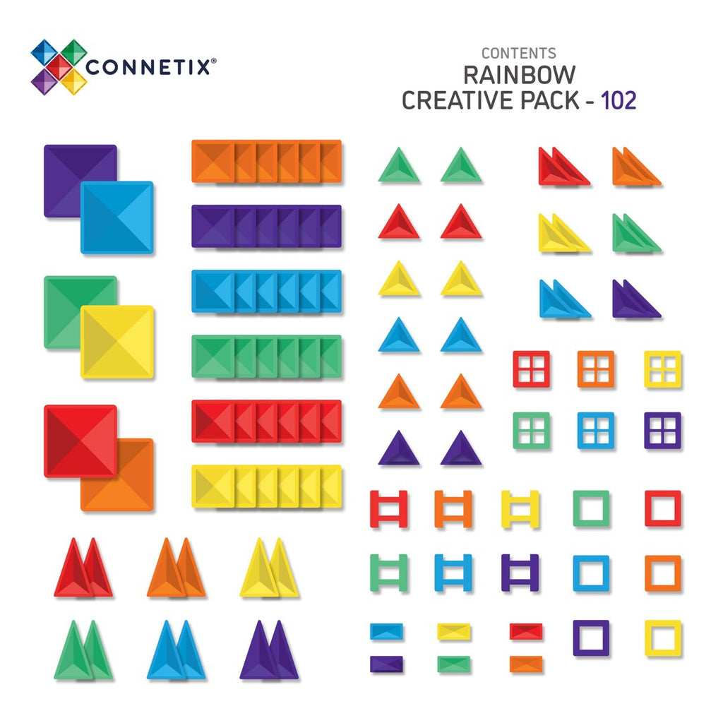Contents of CONNETIX Rainbow Creative Pack: large and small squares, three kinds of triangle, windows, ladder pieces, open squares and rectangles