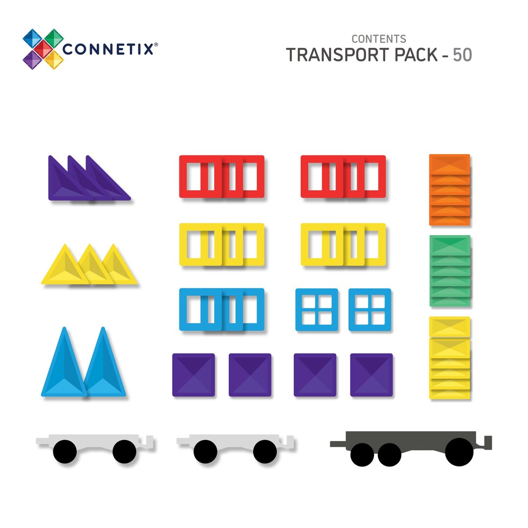 Contents of CONNETIX Rainbow Transport Pack: gates, windows, rectangles, squares, triangles and three motion bases