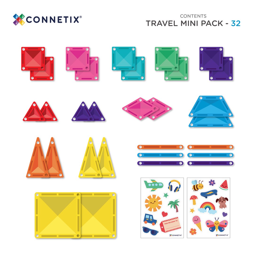 Contents of CONNETIX Travel Mini Pack: mini squares, triangles, rhombuses, trapezoids, posts, two squares and two sticker sheets