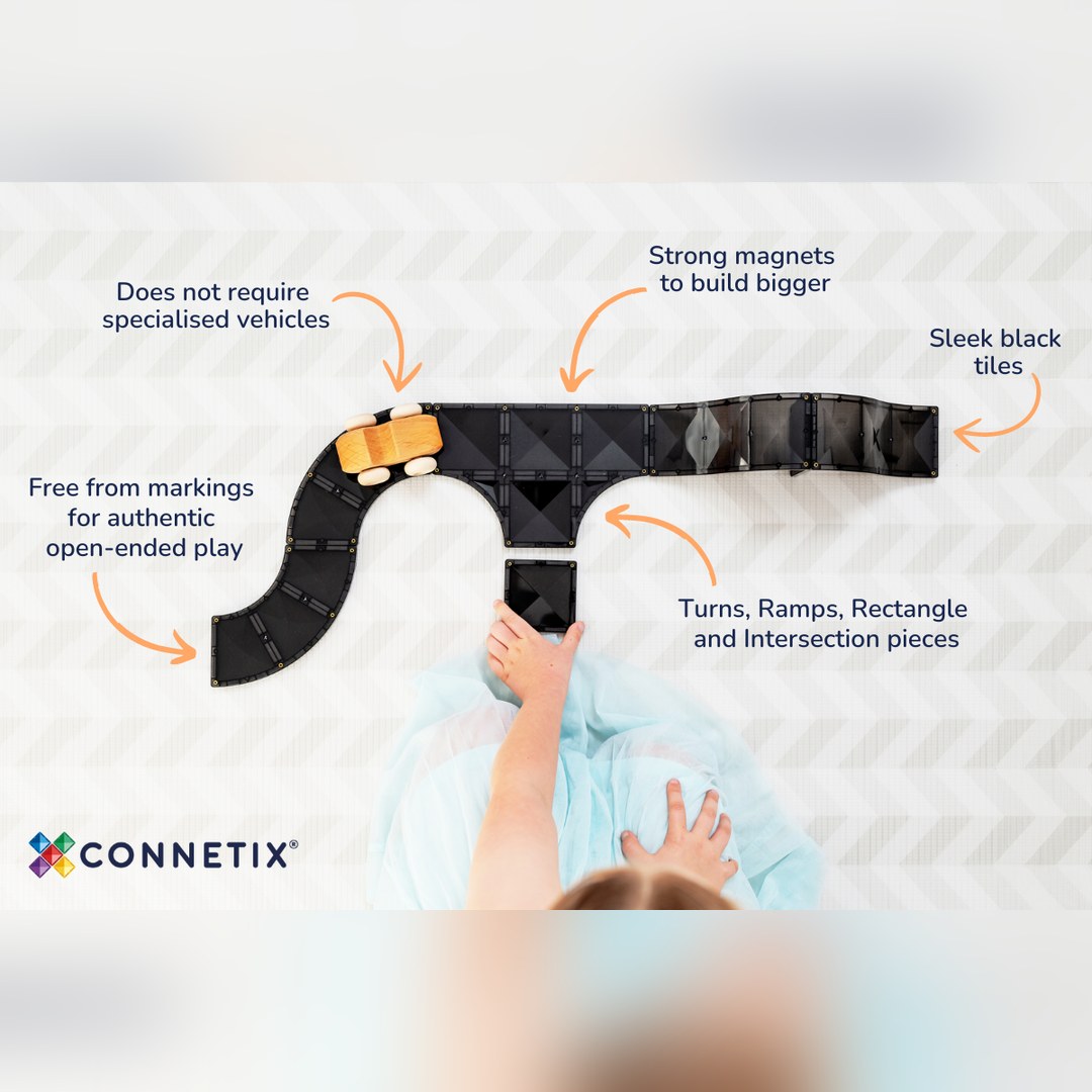 CONNETIX Creative Roads features: sleek black tiles, strong magnets, no road markings and turn, ramp and junction pieces