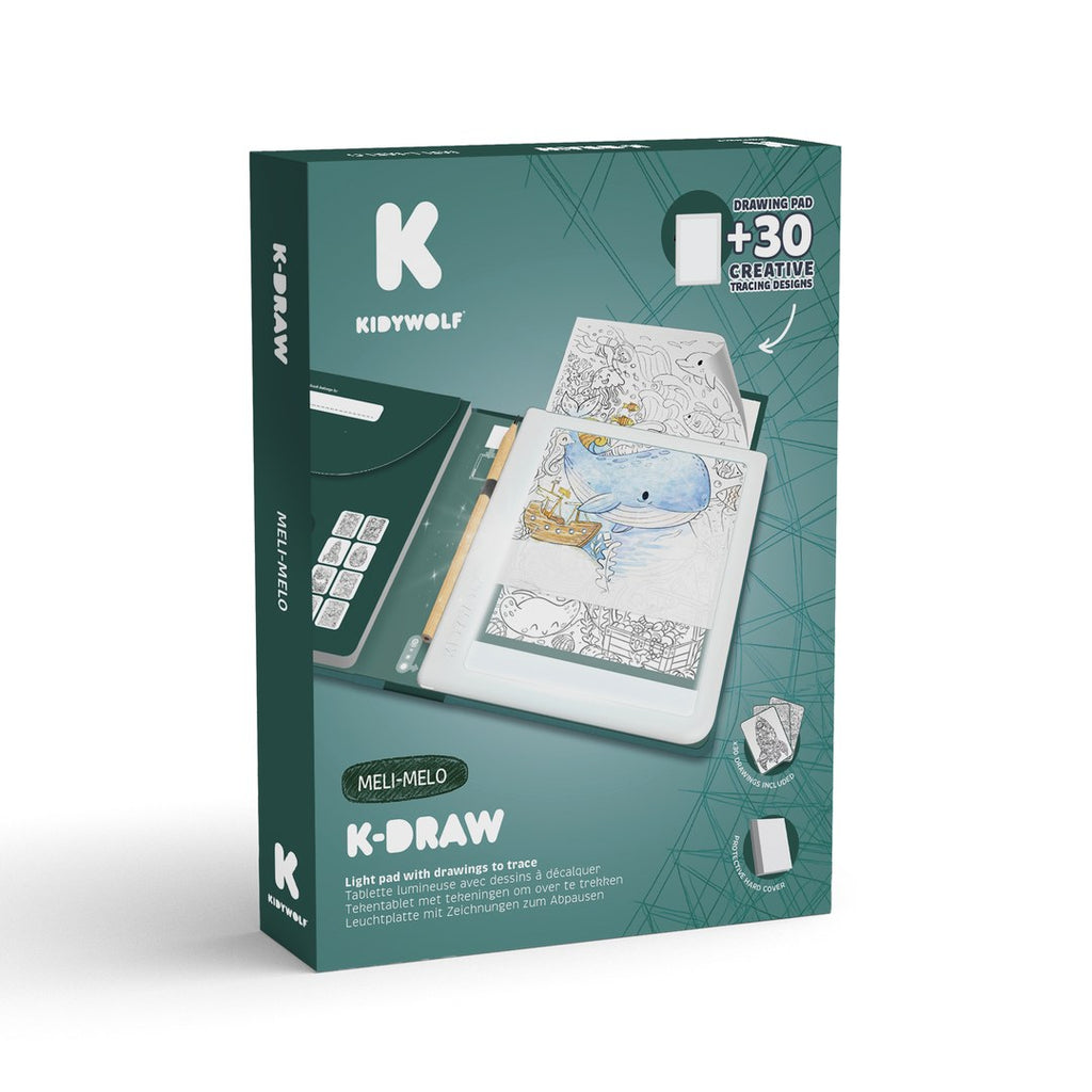 Kidywolf K-DRAW Meli Melo illuminated drawing pad box, green packaging with +30 creative tracing designs
