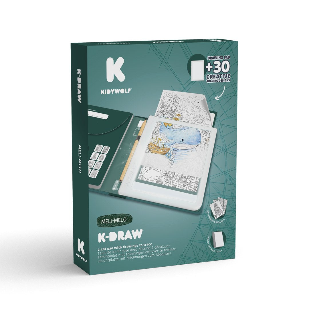 Kidywolf K-DRAW Meli Melo illuminated drawing pad box, green packaging with +30 creative tracing designs
