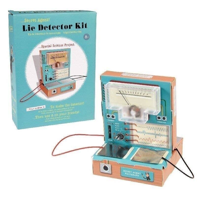 Toy lie detector kit with packaging on a white background