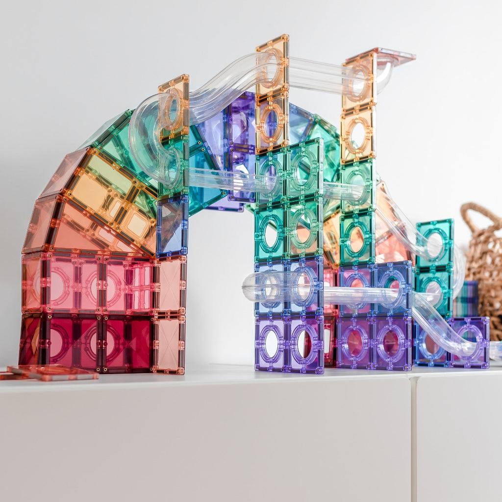 Tall pastel CONNETIX ball run with clear tubes and wooden balls