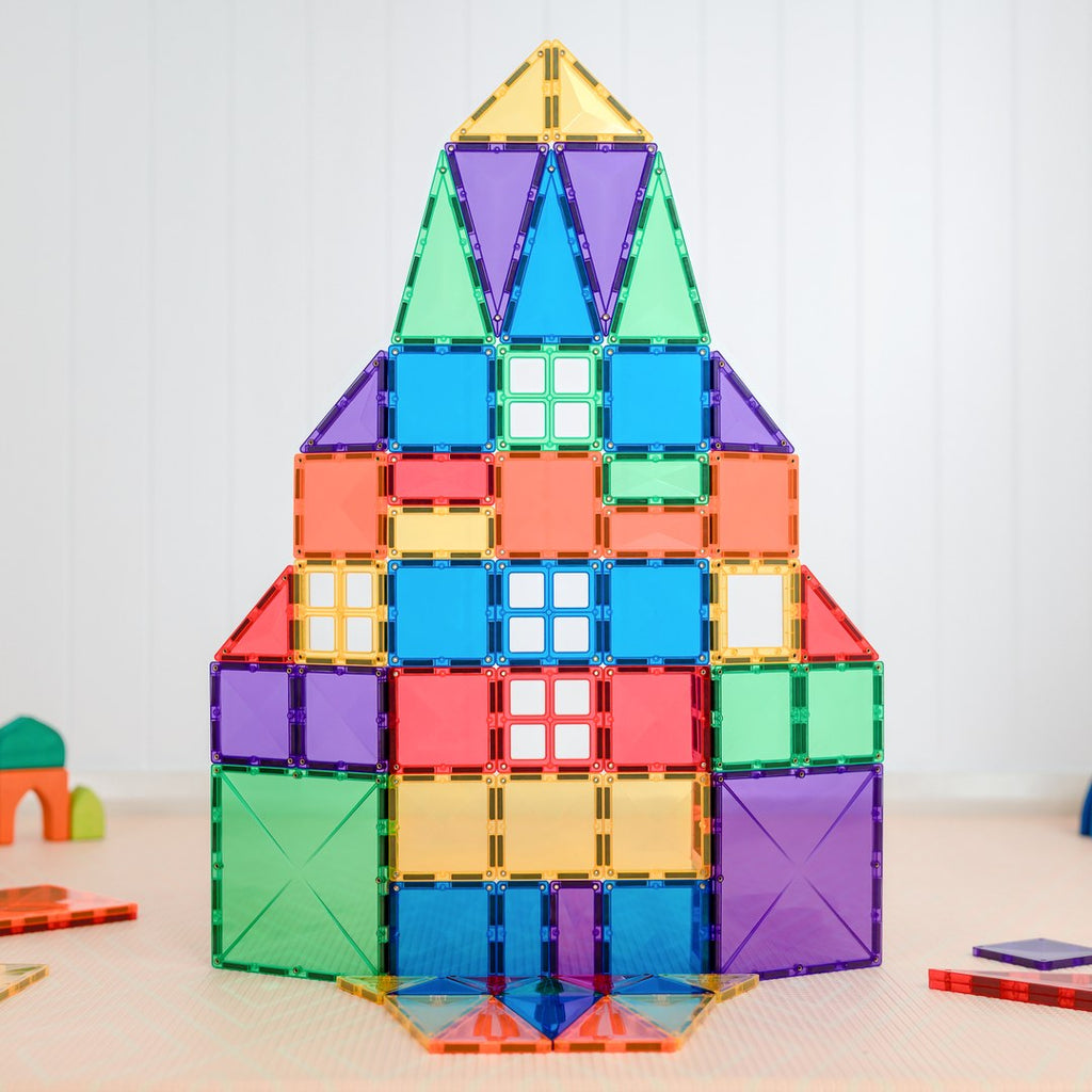 Rainbow rocket built flat from CONNETIX squares, triangles and window tiles