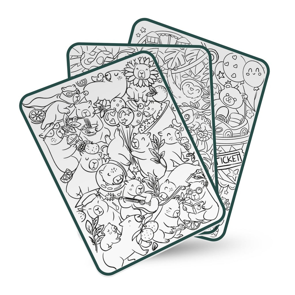 Three KIDYDRAW Meli Melo illustration sheets to trace, with animals, space and party designs