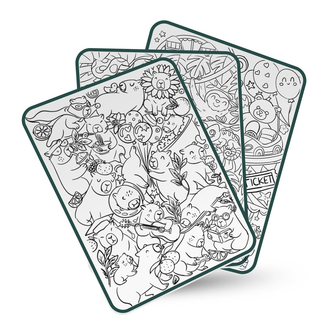 Three KIDYDRAW Meli Melo illustration sheets to trace, with animals, space and party designs