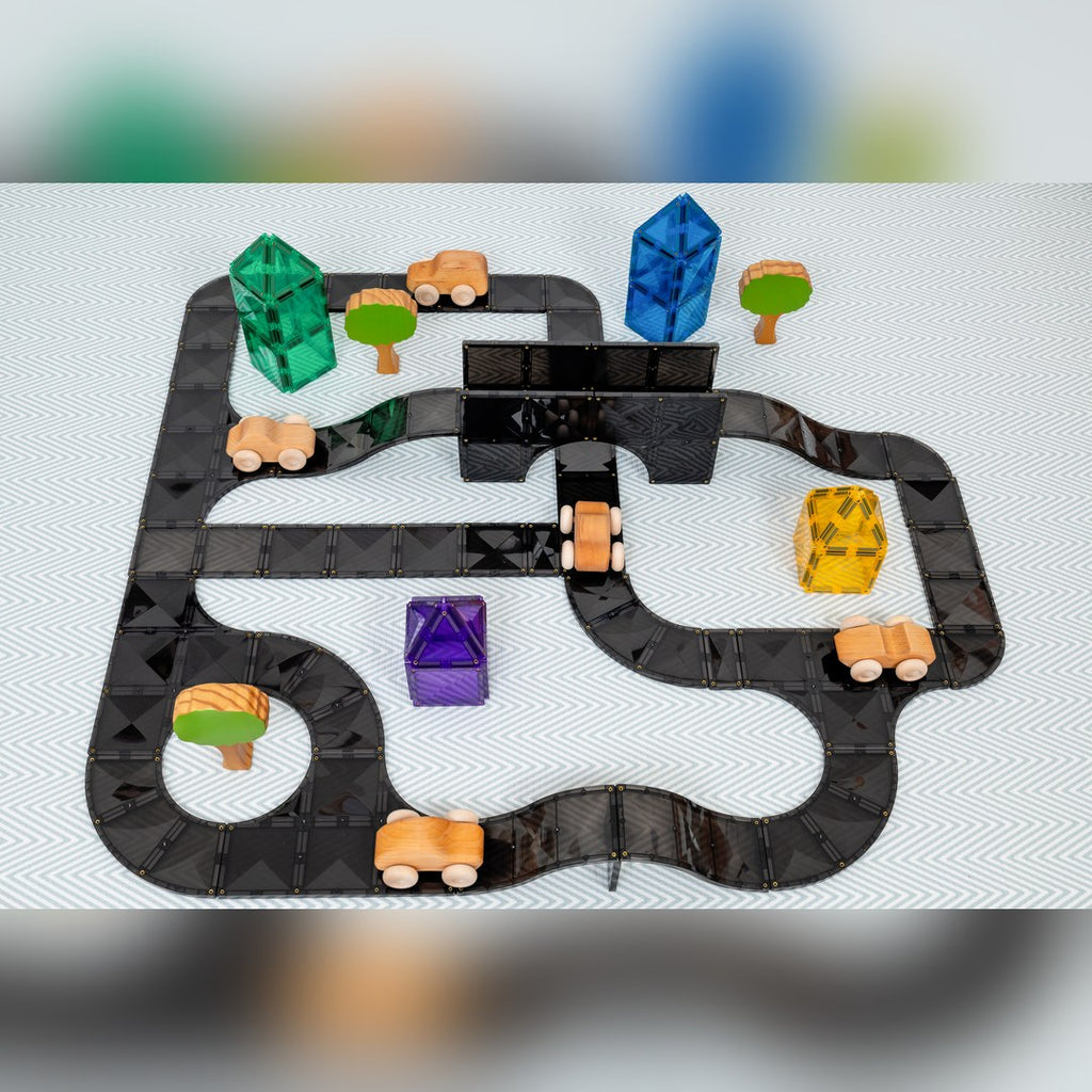 CONNETIX road layout with wooden cars, trees and colourful magnetic tile buildings