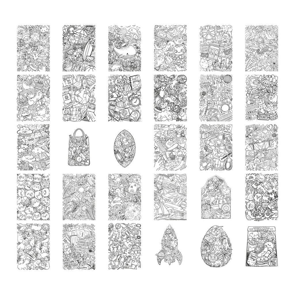 Overview of the 30 detailed Meli Melo illustrations to trace with the KIDYDRAW Pad
