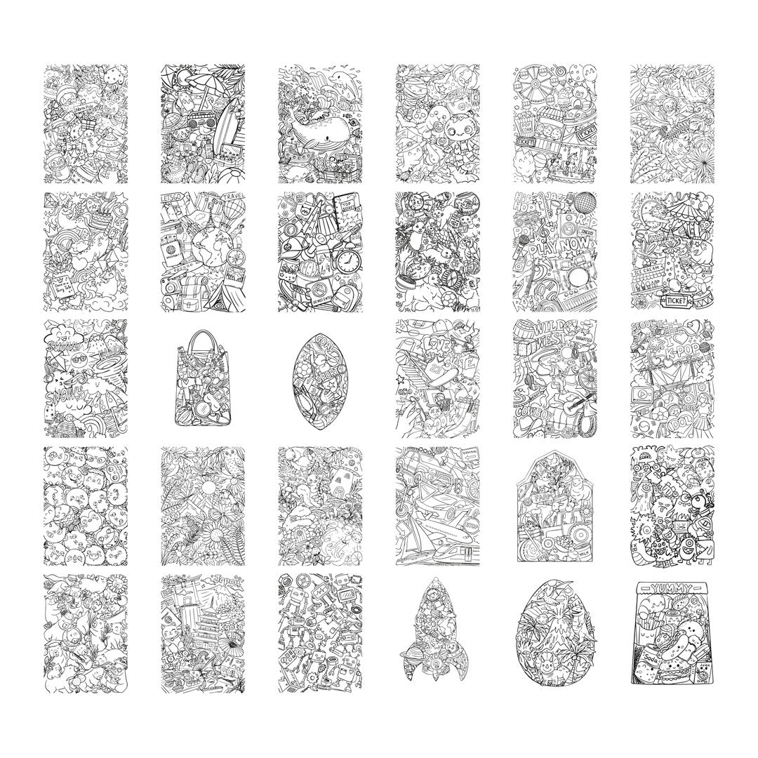 Overview of the 30 detailed Meli Melo illustrations to trace with the KIDYDRAW Pad