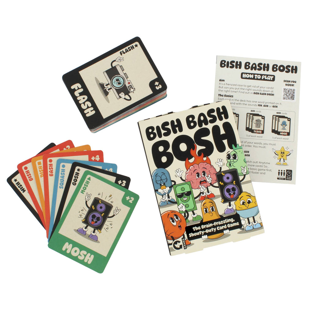 Card game set with colorful cards and a rulebook titled 'Bish Bash Bosh' on a white background.