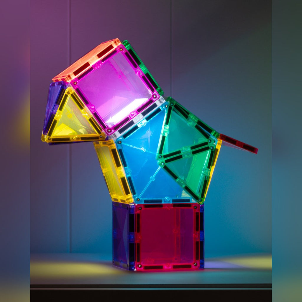 Glowing creature built from CONNETIX magnetic tiles with the light-up tile inside