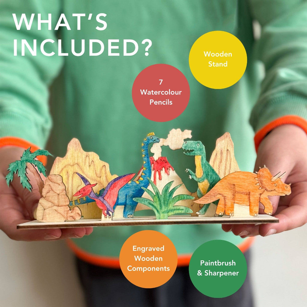 Wooden dinosaur set with colorful labels indicating included items.