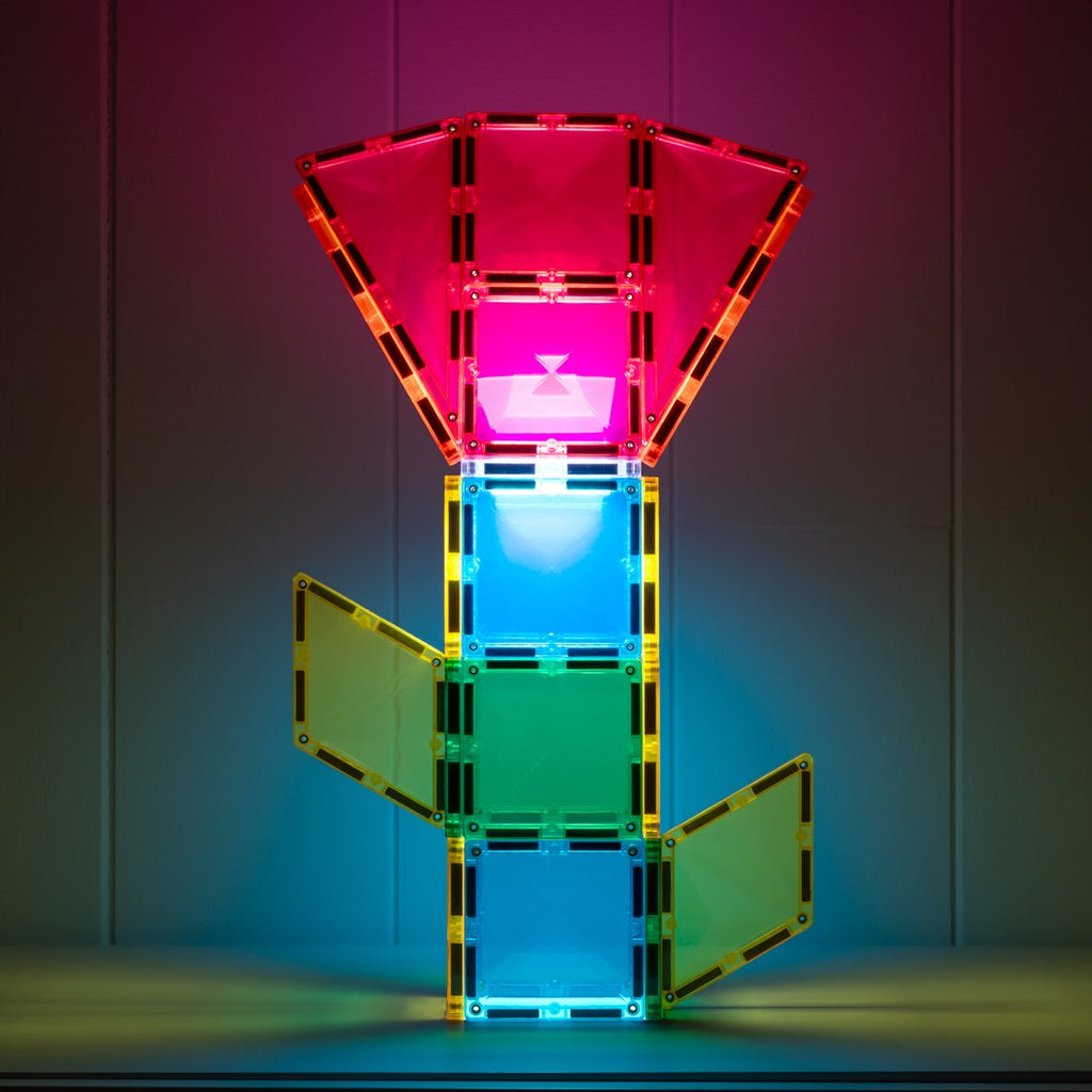 Glowing bedside lamp built from CONNETIX magnetic tiles lit by the rechargeable light tile