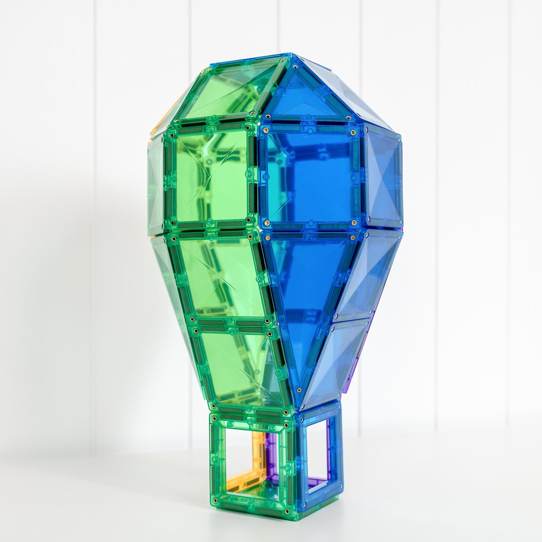 Green and blue hot-air balloon built from CONNETIX magnetic tiles