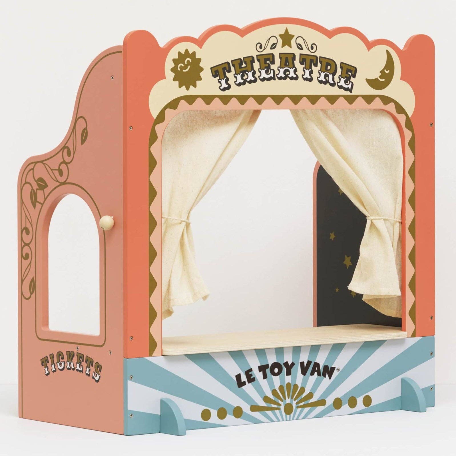 Children's theatre set with curtains and 'Le Toy Van' branding on a white background