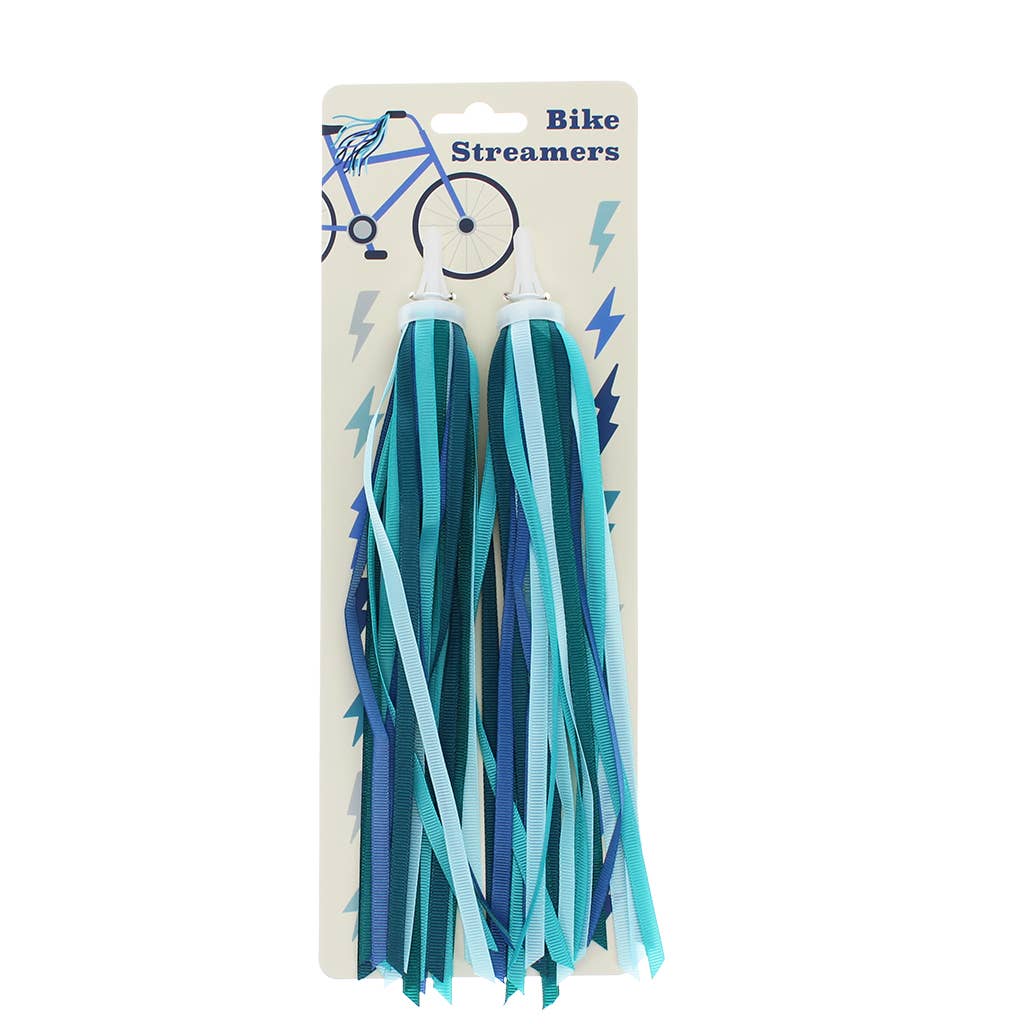 Bike streamers in blue and green on a white background with packaging.