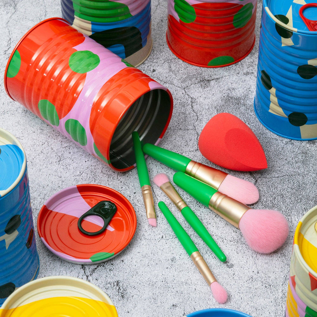 Block Design Tinned Goods make-up set with five colourful brushes and a sponge in a baked beans style tin