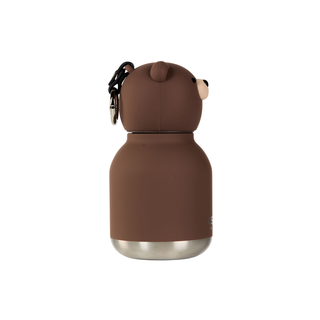 Brown bear-shaped container with a metal base on a white background