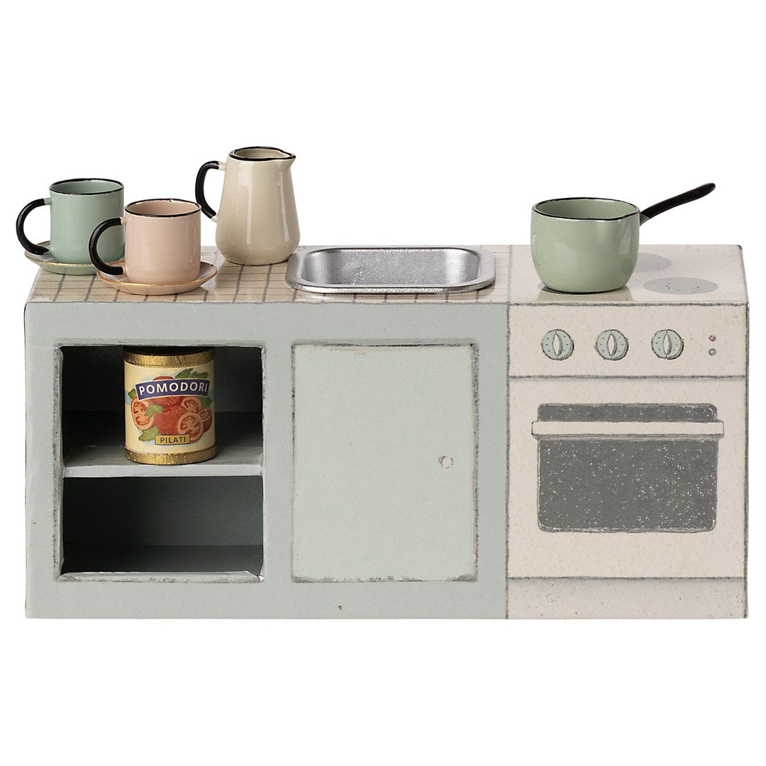 Maileg mouse kitchen counter in mint with sink, hob, oven, cups, jug, saucepan and tomato tin