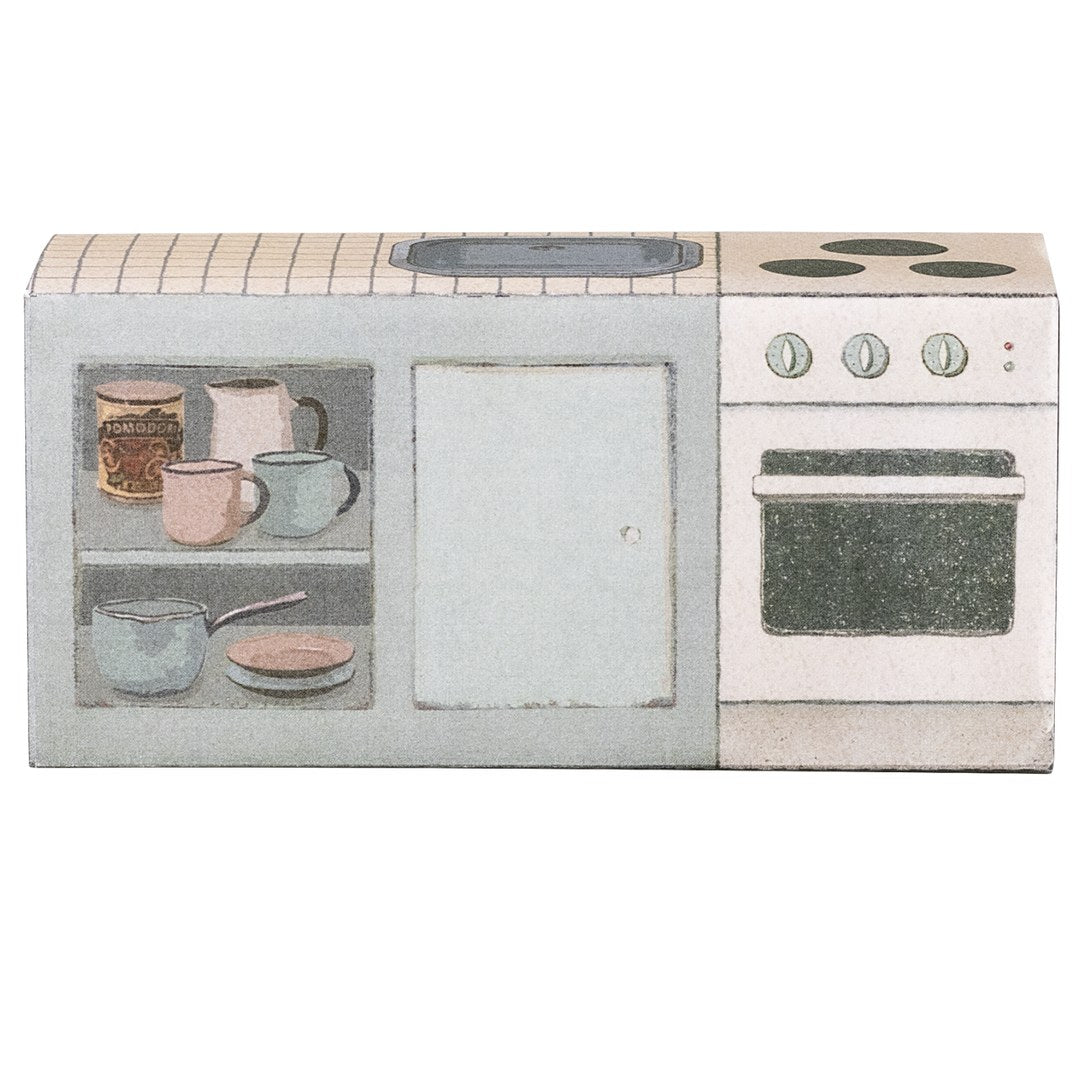 Maileg mouse kitchen counter gift box printed with shelves, sink and oven