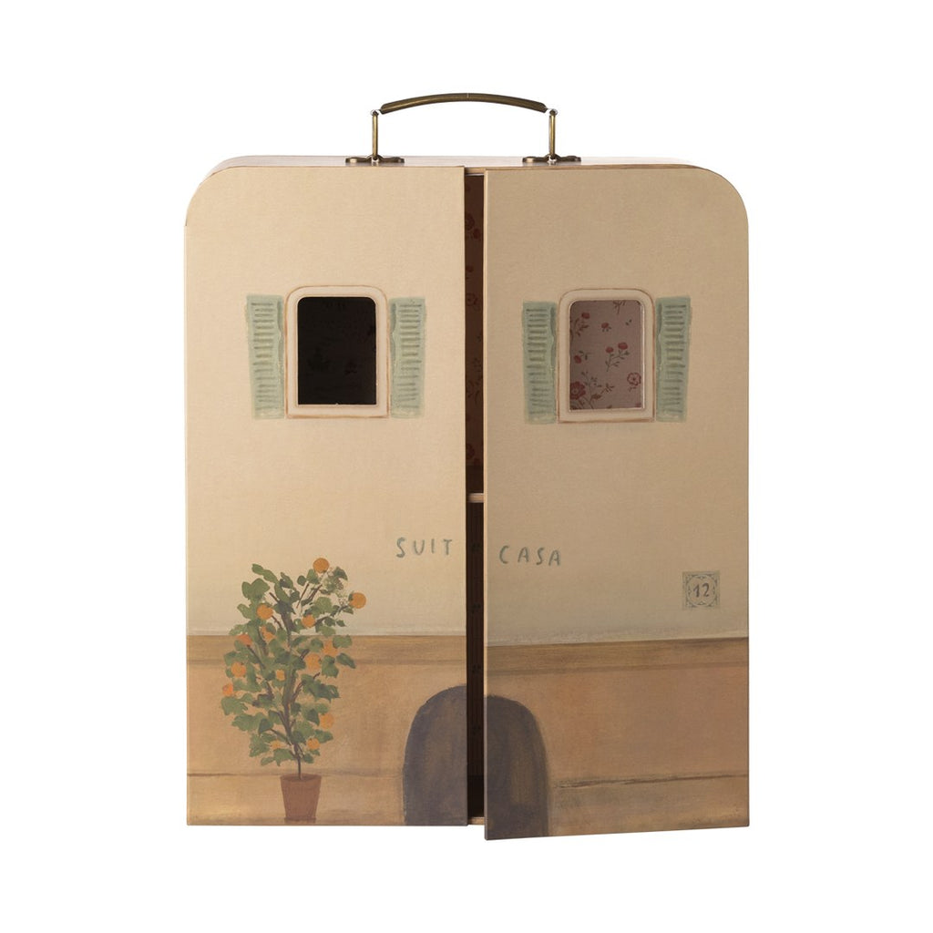 Maileg SuitCasa house-shaped suitcase, closed, with shutters, a front door and a potted tree print