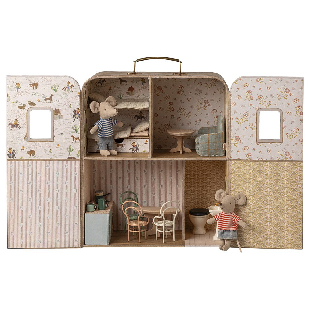 Maileg SuitCasa opened into a two-storey mouse house with bunk bed, kitchen and table, little sister and brother mice inside