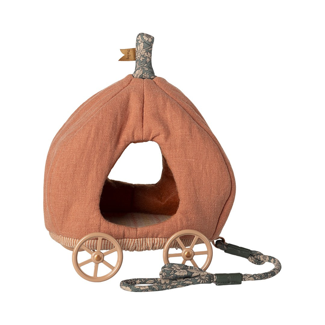 Maileg Royal Pumpkin Carriage for mice in orange linen with wooden wheels and a floral pull rope