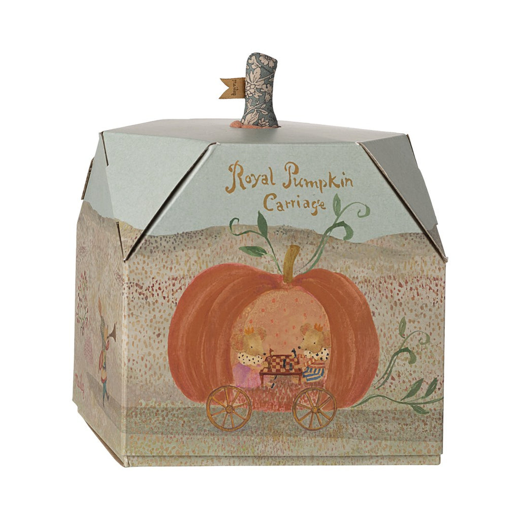 Maileg Royal Pumpkin Carriage gift box illustrated with a pumpkin coach