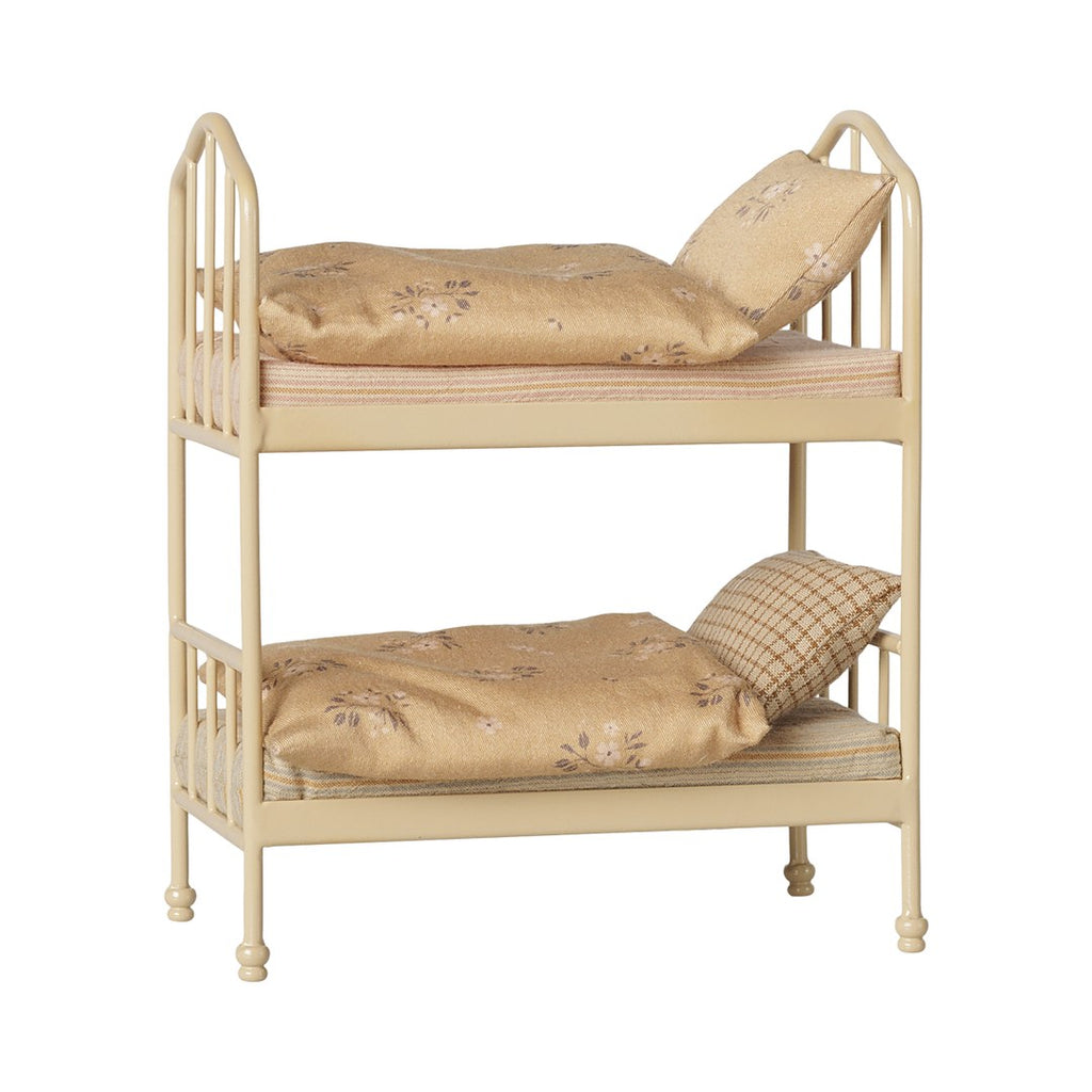Maileg mouse bunk bed in wheat metal with floral mustard bedding and checked pillows