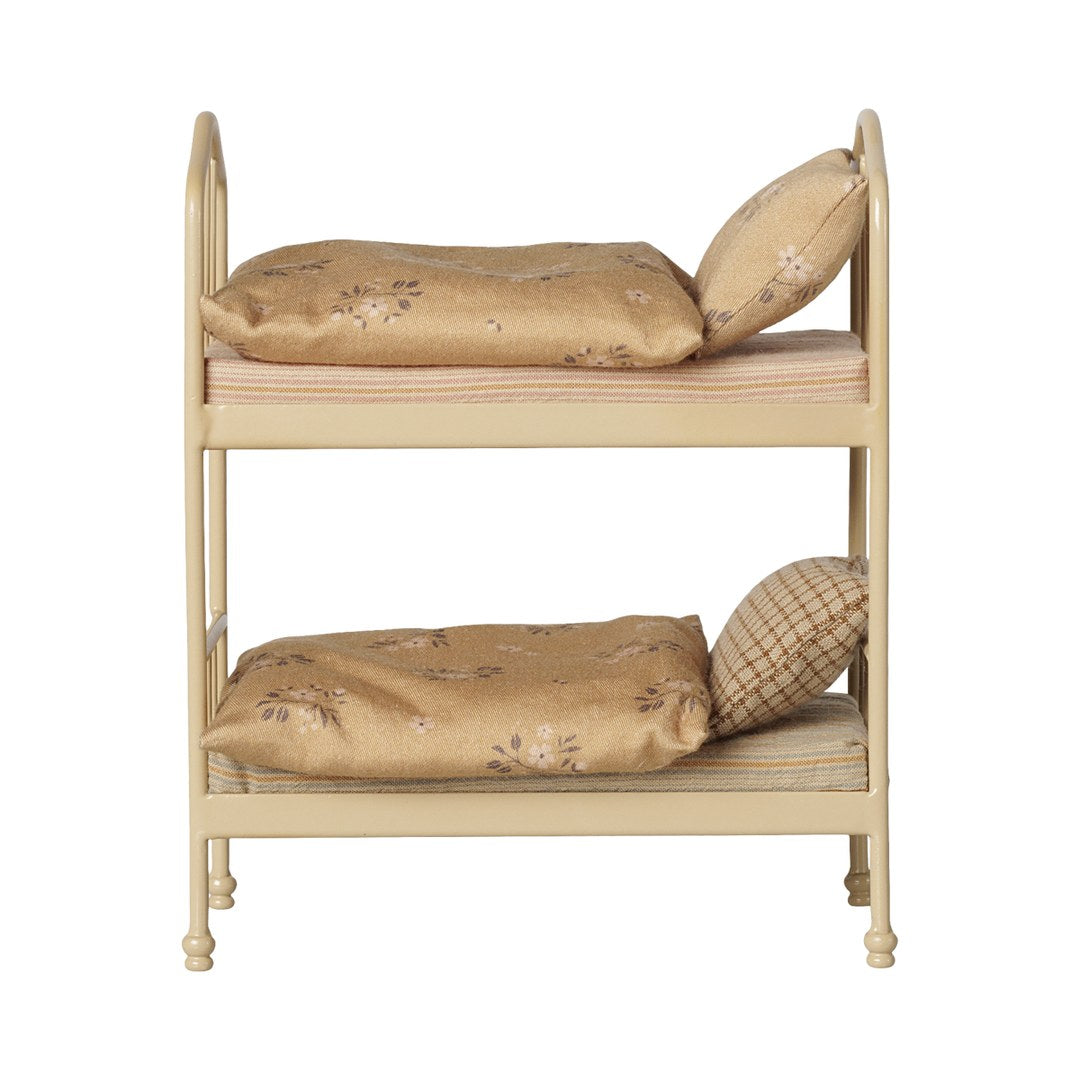 Maileg wheat metal bunk bed for mice, front view with floral duvets