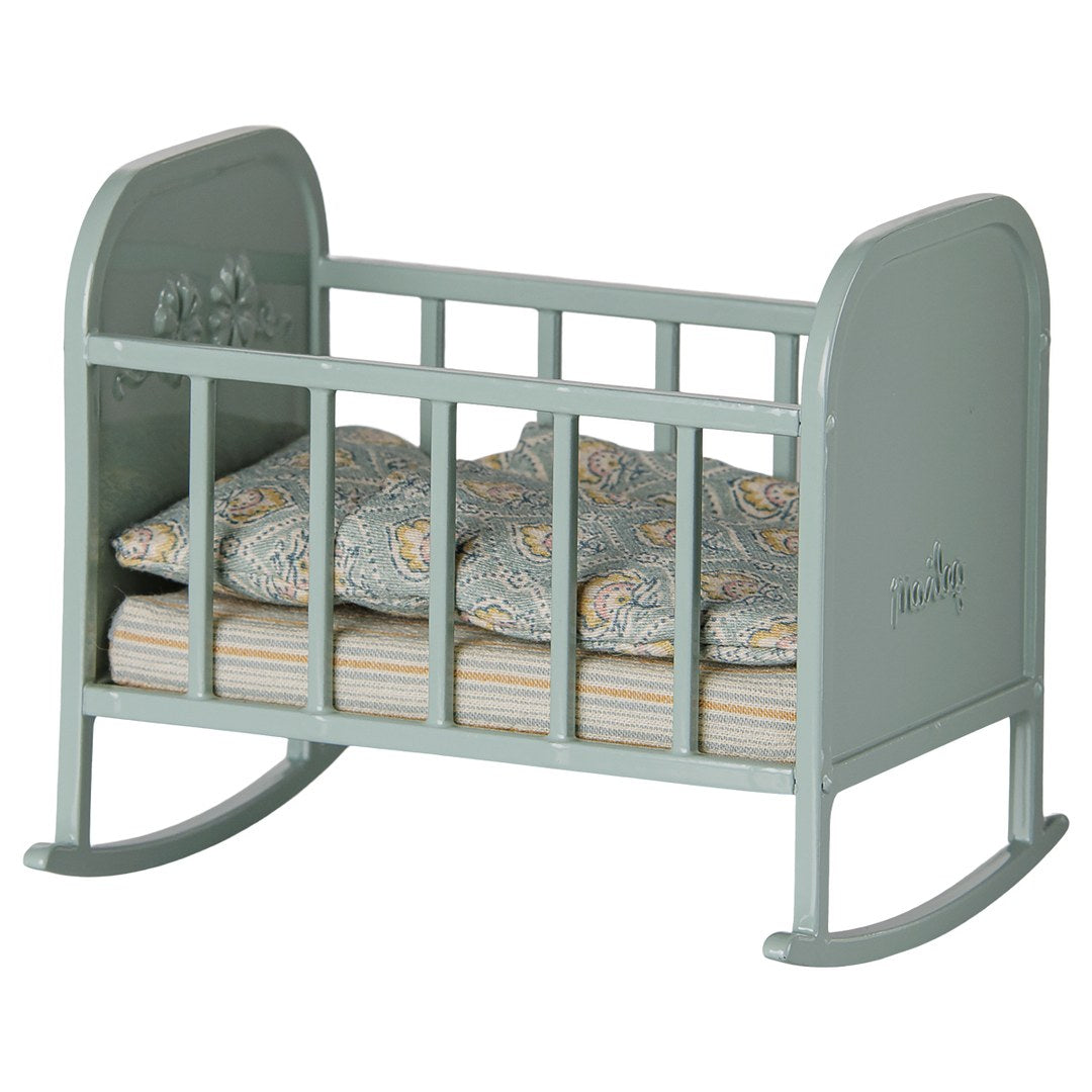 Maileg My Cradle in blue mint metal with rockers and a paisley quilted mattress