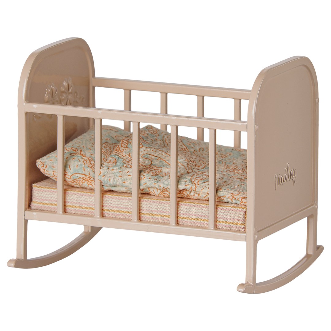Maileg My Cradle in light rose metal with rockers and a paisley quilted mattress