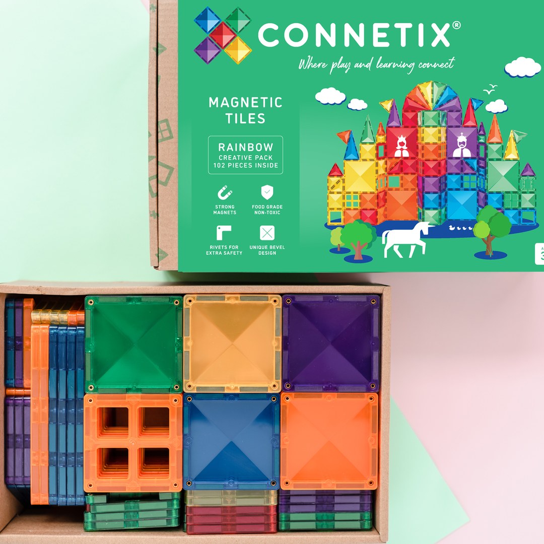 CONNETIX Rainbow Creative Pack box with large squares and window tiles packed inside