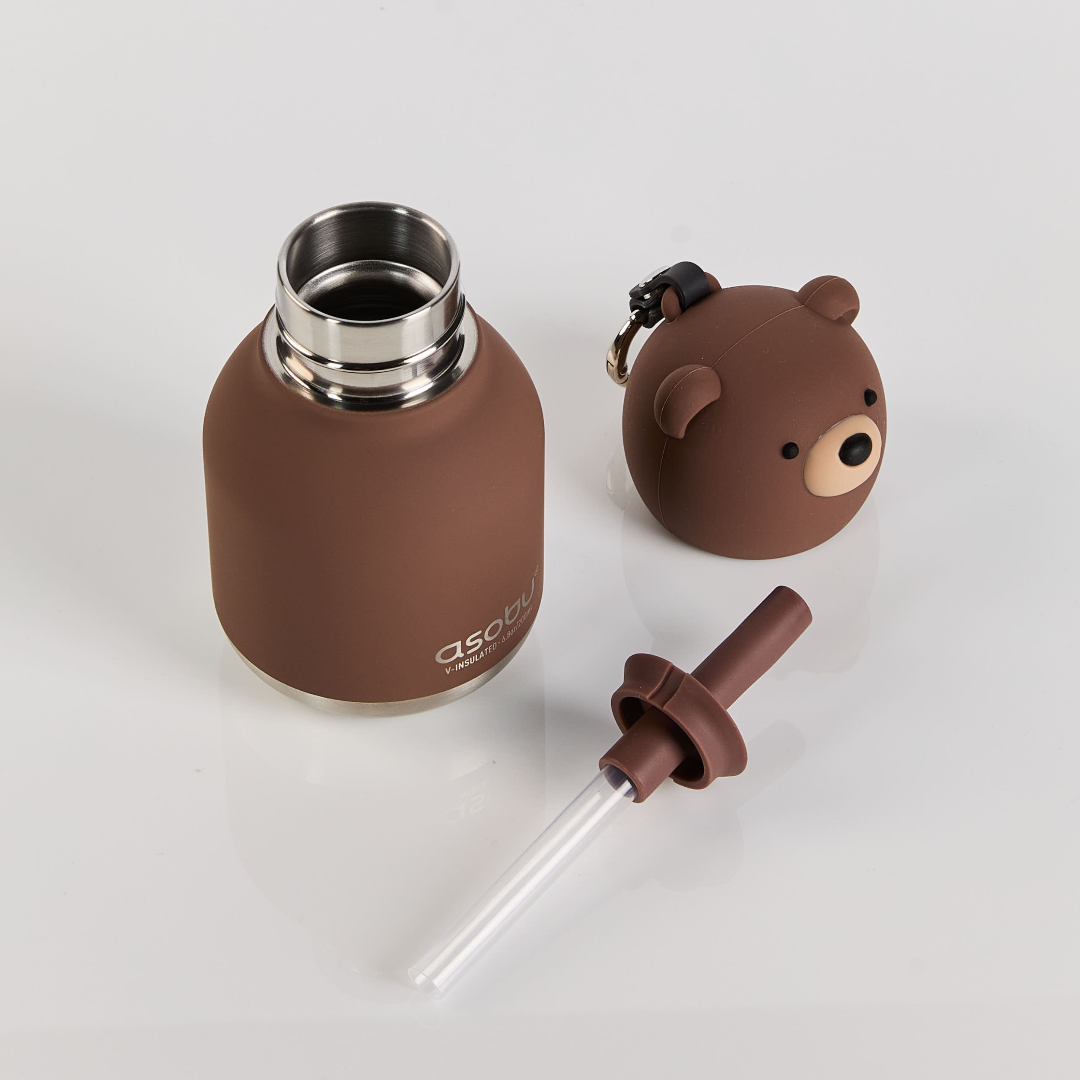 brown bear bottle components including straw, body, cap.