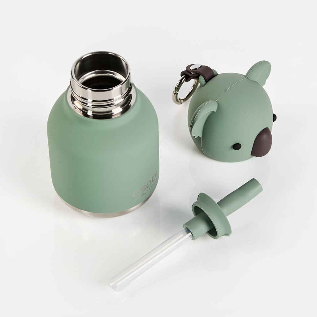 Green water bottle with panda-shaped cap and straw on a white background