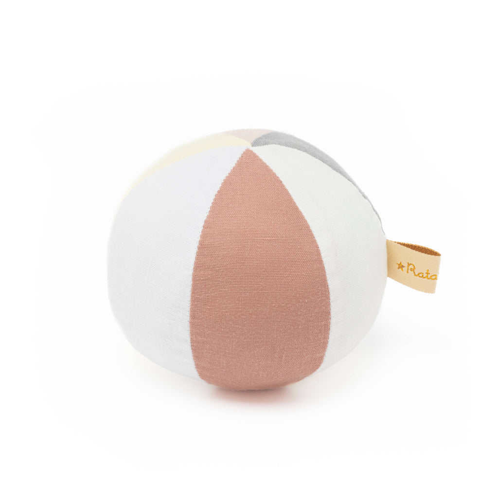 Round, multicolored ball with a visible brand tag on a white background